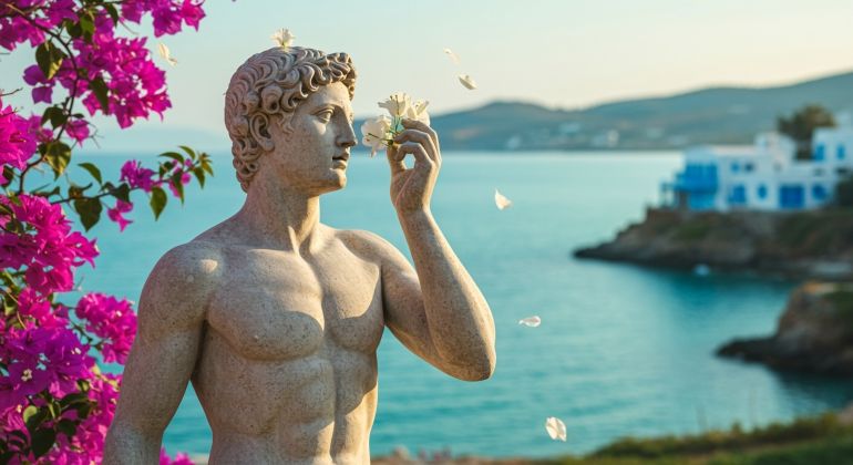 Ancient Greek statue of a man at dawn, one hand raised, smelling the white flowers floating in the air. Bougainvillea leaves flutter around. Bougainvillea flowers are seen on the branches seen from the side. In the very blurry background, there is a vast