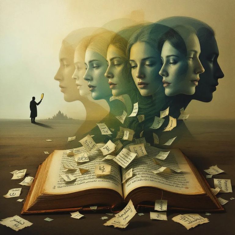 design a symbolic image that expresses the transformations of Arab narrative and the fragmentation of critical references. It depicts an old, open book, from which scattered papers bearing various symbols (Arabic calligraphy, digital codes, traditional images, theatrical masks, and intellectual circles) are scattered. The background of the image is divided into three overlapping, transparent layers: the first has a classical character (an Abbasid palace, Islamic motifs), the second has a modernist feel (abstract cement buildings), and the third is filled with postmodernist shifts (liquid colors, disjointed faces, and overlapping sentences). On the horizon, the shadow of an Arab writer or critic appears, holding a mirror, reflecting multiple faces representing the self, society, and history. The image should inspire contemplation, deconstruction, and inner rebirth.
