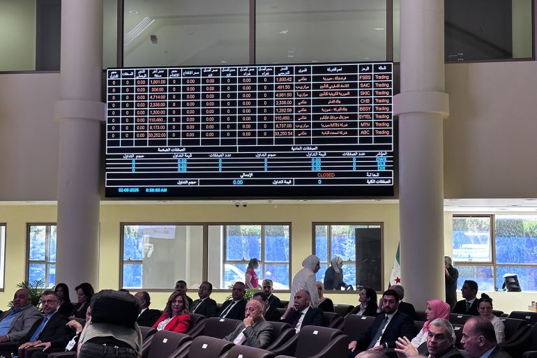 DAMASCUS, SYRIA - JUNE 02: The Damascus Securities Exchange has officially resumed operations after a long hiatus due to the civil war and political upheaval in Syria, on June 02, 2025, in Damascus, Syria. The opening ceremony was attended by prominent figures from Syria's interim government, including Minister of Economy and Industry Nidal al-Shaar, Minister of Communications and Information Technology Abdul Salam Haykal, Minister of Finance Mohammed Yisr Barnieh, and Central Bank Governor Abdelkader Hasriyye. Several company representatives and investors were also present at the event. (Photo by Hisam Hac Omer /Anadolu via Getty Images)