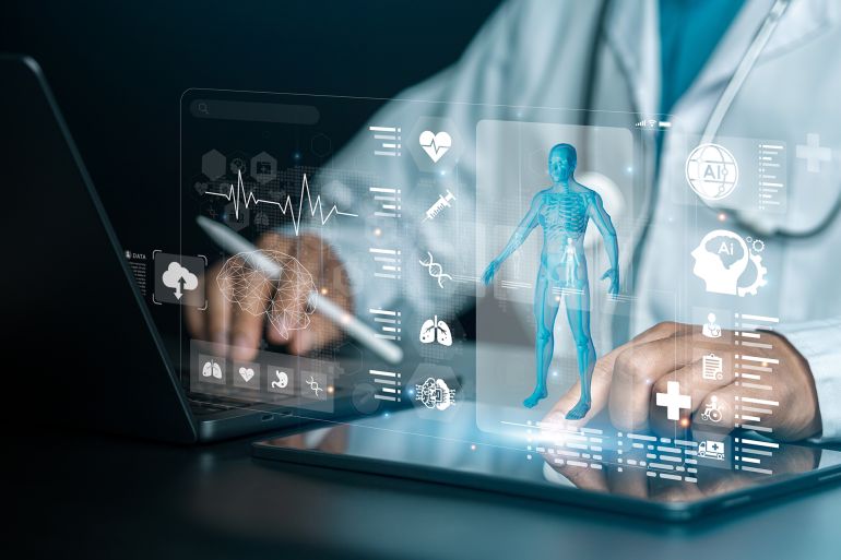 Medical technology: Doctors using advanced AI technology. Virtual medical tools and technology advancements. Artificial intelligence. AI deep learning. Medical research. Future technological precision