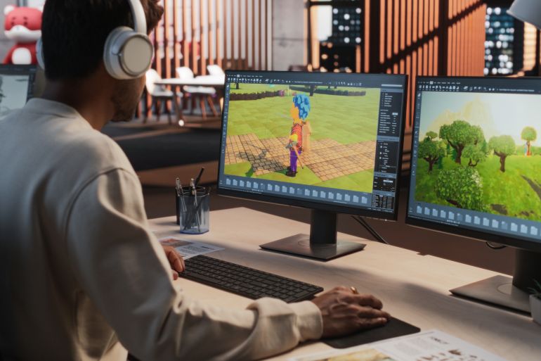 Indian Male Game Designer Using Desktop Computer With 3D modelling Software To Design Characters And World For Immersive Adventure Video Game. Man Working In Game Development Company Diverse Office.; Shutterstock ID 2437129225; purchase_order: بيي; job: ; client: ; other: