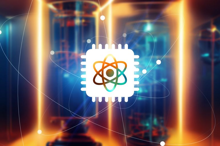 Quantum computer concept. Wide angle visual for banners or advertisements.