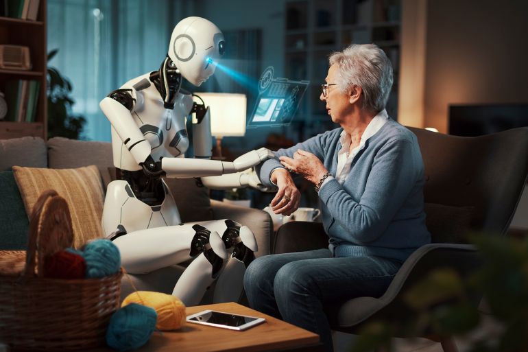 An elderly woman's robotic assistant makes an immediate diagnosis for elbow pain, thanks to her X-ray vision