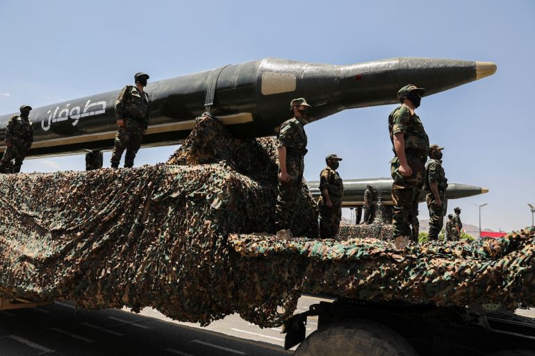 A view of ballistic missiles during a military parade held by the Houthis to mark the anniversary of their takeover in Sanaa, Yemen September 21, 2023. REUTERS/Khaled Abdullah