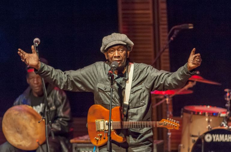 Zimbabwean Chimurenga musician Thomas Mapfumo and his band, the Blacks Unlimited, perform at a late-evening concert (co-produced by Carnegie Hall and World Music Institute) at Carnegie Hall's Zankel Hall, New York, New York, October 20, 2012. (Photo by Jack Vartoogian/Getty Images)