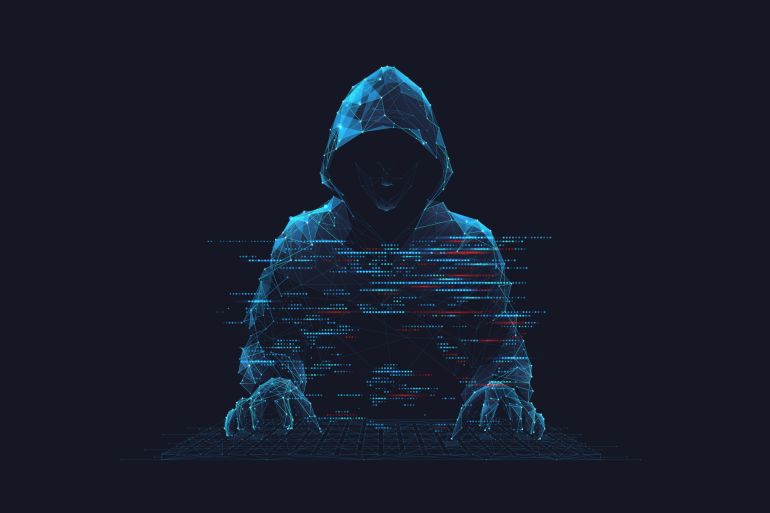 Abstract digital hacker. Cyber security concept. A man wearing a hoodie with a hidden face in front of a computer. Cyber attack and data hack. Fraud man. 3D Vector polygonal wireframe illustration.