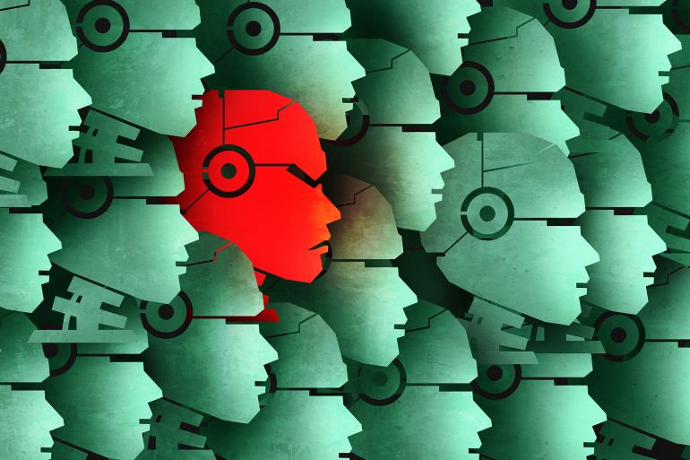 AI growth risk as Good Bots and a Bad Bot and chatbot as a social vulnerability for Robots gone rogue and the danger of robotic or artificial intelligence technology in a 3D illustration style.