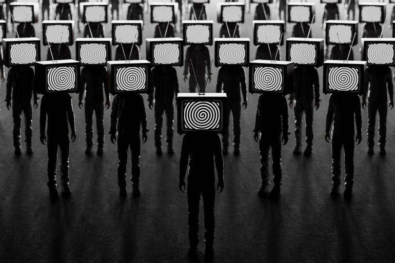 Zombie people with an old tv instead of head. Mass media addiction. Television manipulation and crowd control. Brainwashing concept. 3d render 3d illustration