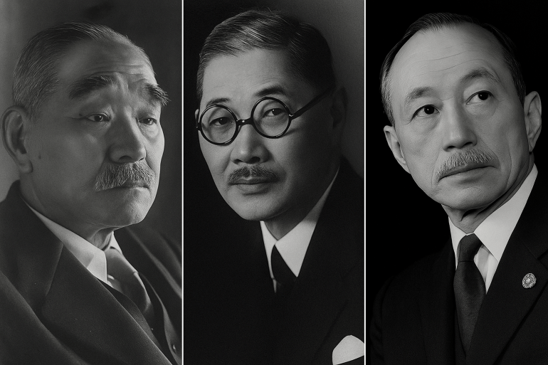 رئيس الوزراء سوزوكي كانتارو (يسار)، وزير الخارجية توغو شيغينوري (وسط)، وسفير اليابان لدى الاتحاد السوفيتي ساتو ناوتاكي (يمين). المصدر: مكتبة البرلمان الوطني "صور للشعب الياباني المعاصر" ( https://www.ndl.go.jp/portrait/ )، حرره جزئيًا مركز أبحاث اليابان (JACAR