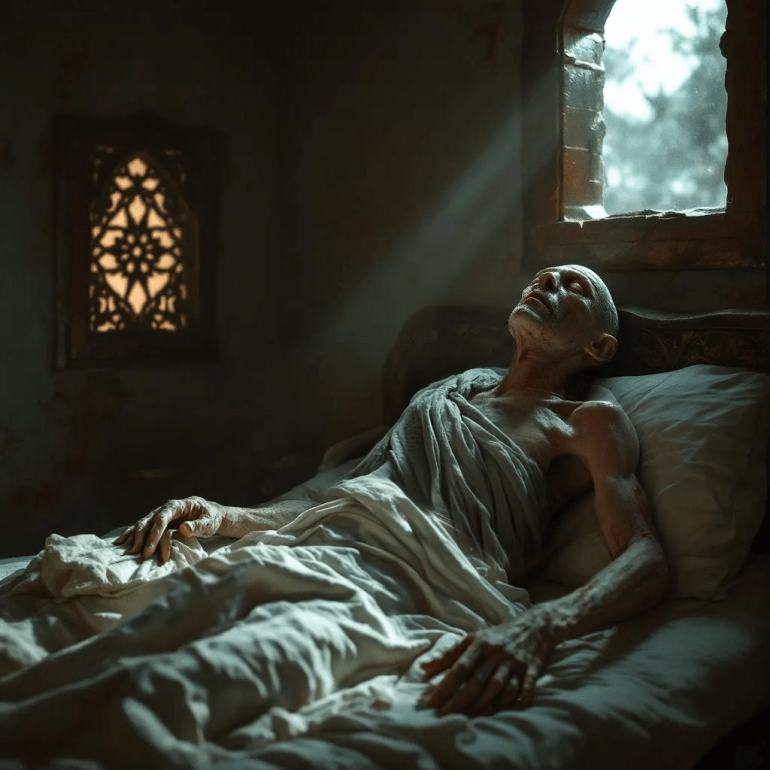 "A poetic, symbolic scene of an extremely ill man in a traditional Arabic interior. He appears thin, pale, and trembling, lying on a simple bed. His sunken eyes stare into space, lips dry, chest heaving with difficulty. A stained cloth in his hand hints at internal bleeding. His body is weak, and his spirit seems to be fading. Moonlight filters softly through a carved window, casting long shadows across the room. No text or writing anywhere in the image. The atmosphere is heavy, quiet, and full of emotion—evoking the loneliness, weakness, and existential fragility of illness. Use soft desert-inspired tones, deep shadows, and a timeless, painterly style."