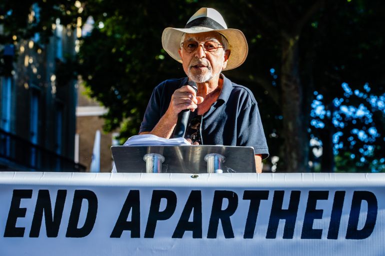 Glyn Secker of Jews for Justice for Palestinians addresses hundreds of people at a Rally for Palestine opposite Downing Street on 10th August 2022 in London, United Kingdom. At least 47 Palestinians, including 16 children, were killed and hundreds more injured during a three-day bombardment of Gaza by Israeli forces named Operation Truthful Dawn. (photo by Mark Kerrison/In Pictures via Getty Images)