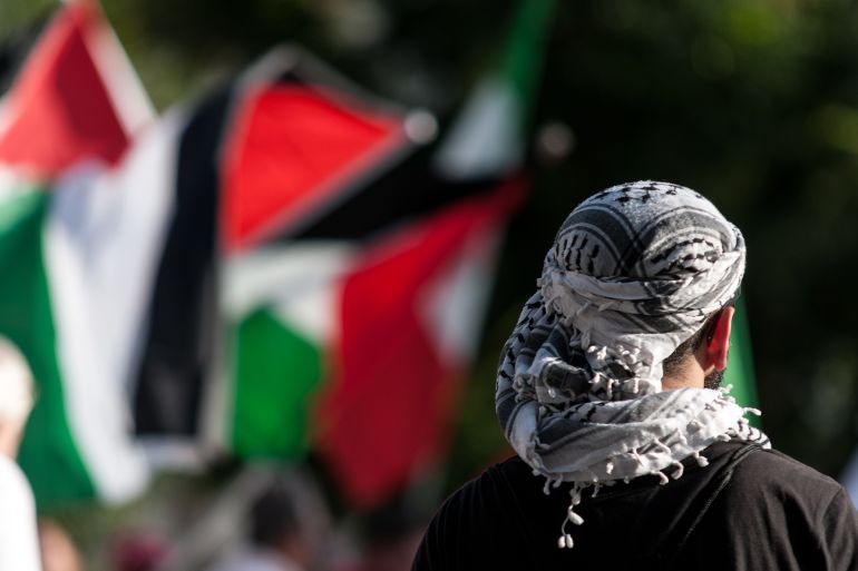 People participate in the demonstration called by the Palestinian community and young Palestinians in Italy in solidarity with the resistance in Palestine, against the Israeli government's aggression in Jenin, carrying banners, Palestinian flags and Keffiyeh on July 07, 2023 in Rome, Italy. (Photo by Andrea Ronchini/NurPhoto via Getty Images)