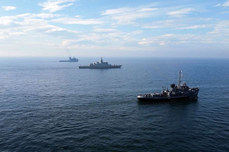 BAKU, AZERBAIJAN - NOVEMBER 04: (----EDITORIAL USE ONLY - MANDATORY CREDIT -'AZERBAIJAN DEFENSE MINISTRY / HANDOUT' - NO MARKETING NO ADVERTISING CAMPAIGNS - DISTRIBUTED AS A SERVICE TO CLIENTS----) Azerbaijan and Iran naval warships take part in joint naval exercises in the Caspian Sea in Baku, Azerbaijan on November 04, 2024. (Photo by Azerbaijan Defense Ministry / Handout/Anadolu via Getty Images)