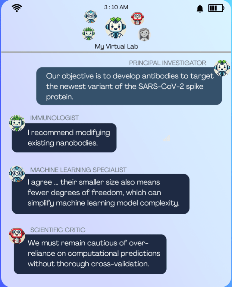 مقتطفات من اجتماع فريق المختبر الافتراضي، حيث يناقش وكلاء الذكاء الاصطناعي الذين لديهم أدوار فريدة مشروع الأجسام المضادة. حقوق الصورة (جيمس زو)