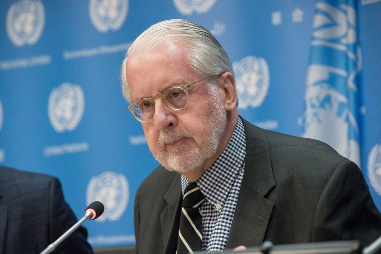 UNITED NATIONS HEADQUARTERS, NEW YORK, NY, UNITED STATES - 2016/02/22: CoI Chair, Paulo Sérgio Pinheiro speaks with the UN press corps. In conjunction with the delivery of one of the Independent International Commission of Inquiry (CoI) on Syria's periodic reports to the United Nations General Assembly, Paulo Sérgio Pinheiro, Chair of the Commission, and Commission member Vitit Muntarbhorn spoke at a press conference at UN Headquarters, outlining the status of human rights concerns at present. (Photo by Albin Lohr-Jones/Pacific Press/LightRocket via Getty Images)
