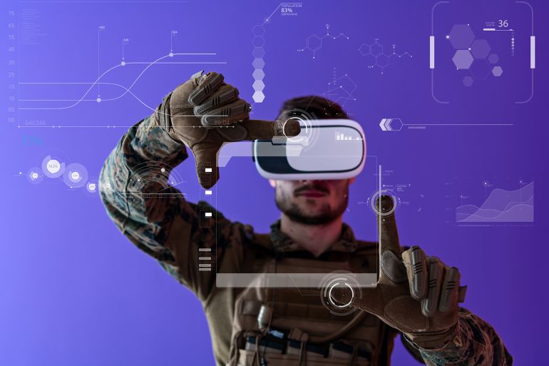 modern warfare futuristic soldier using virtual reality glasses on purple background as concept of artificial intelligence on Hud screen display