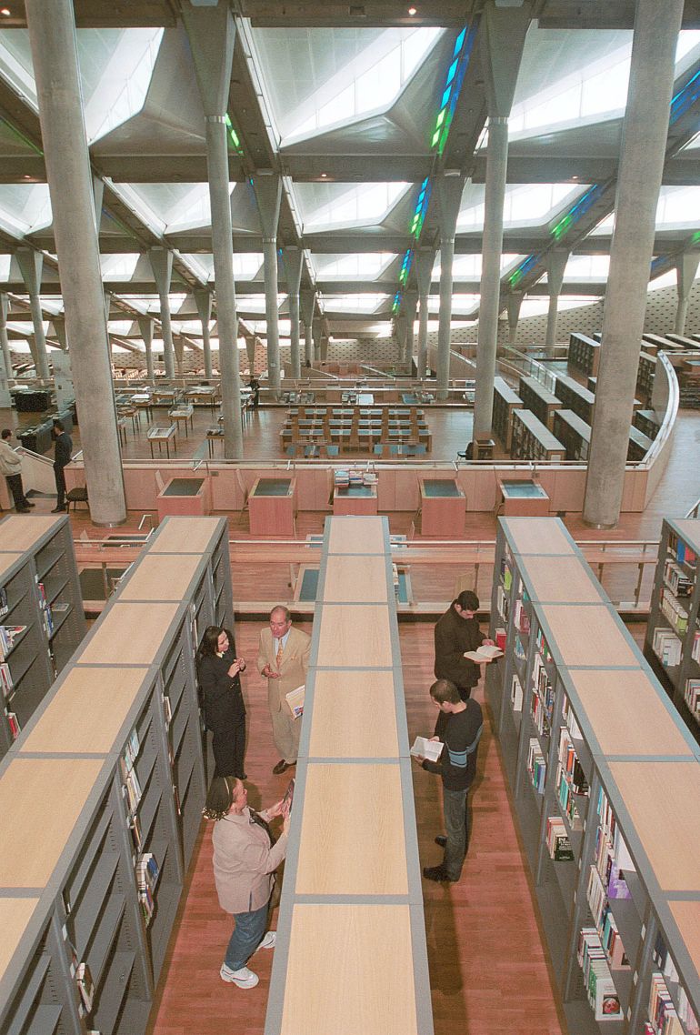 400775 05: Library staff sort through books inside the newly completed Alexandria Library at the University of Alexandria February 7, 2002 in Egypt. The Bibliotheca Alexandrina will officially open April 23, 2002, restoring the library founded by Ptolemy II in 295 B.C. to its past glory when it was the intellcutal hub of Hellenistic culture from 400 B.C.to 300 A.D. (Photo by Norbert Schiller/Getty Images)