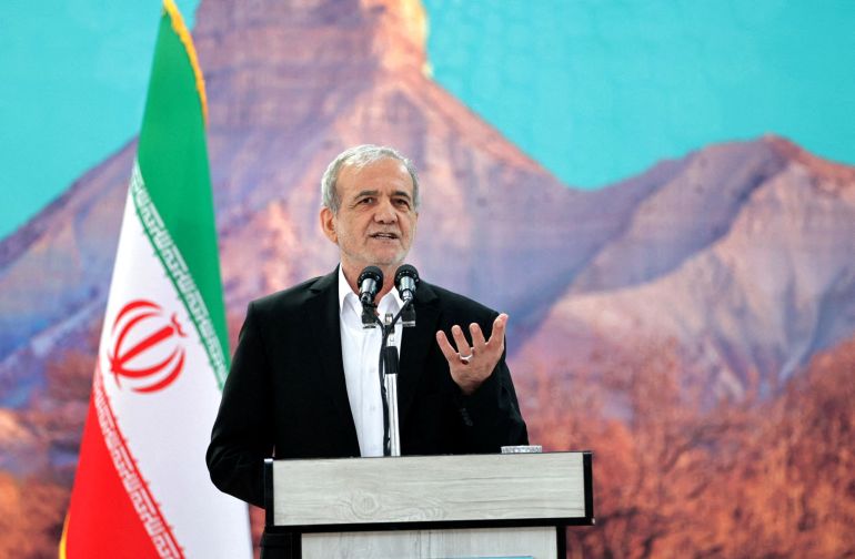 FILE PHOTO: Iranian President Masoud Pezeshkian speaks during a meeting in Ilam, Iran, June 12, 2025. Iran's Presidential website/WANA (West Asia News Agency)/Handout via REUTERS/File Photo
