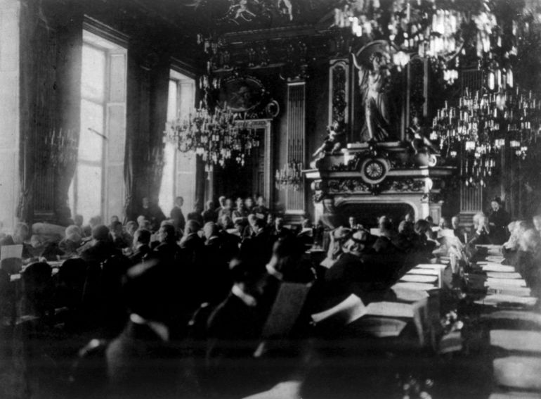 Paris Peace Conference, to negotiate post World War I peace treaties at the Quai D'Orsay, Paris, Raymond Poincare, President of France, top left, Official U.S. Signal Corps photo, January 18, 1919.