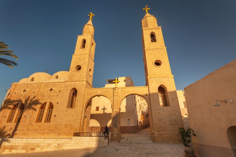 EASTERN DESERT, EGYPT - JULY 7, 2018: Bell towers of Saint Anthony church