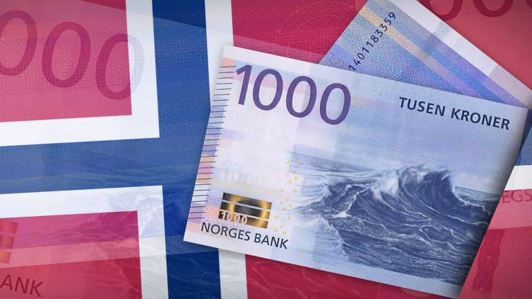 Background of 1000 Norwegian krone Front and back banknote on the Flag of Norway of the background texture, top view