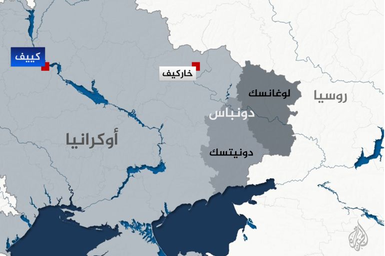 تصميم خاص- خريطة لإقليم دونباس وتظهر منطقتي دونيتسك ولوغانسك ومدينة خاركيف