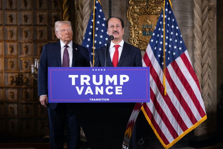 PALM BEACH, FLORIDA - JANUARY 07: U.S. President-elect Donald Trump listens as DAMAC Properties CEO Hussain Sajwani speaks to members of the media during a press conference at the Mar-a-Lago Club on January 07, 2025 in Palm Beach, Florida. Trump joined Sajwani at the press conference to announce a $20 billion investment to build data centers in the United States. Trump will be sworn in as the 47th president of the United States on January 20, making him the only president other than Grover Cleveland to serve two non-consecutive terms in the office. (Photo by Scott Olson/Getty Images)