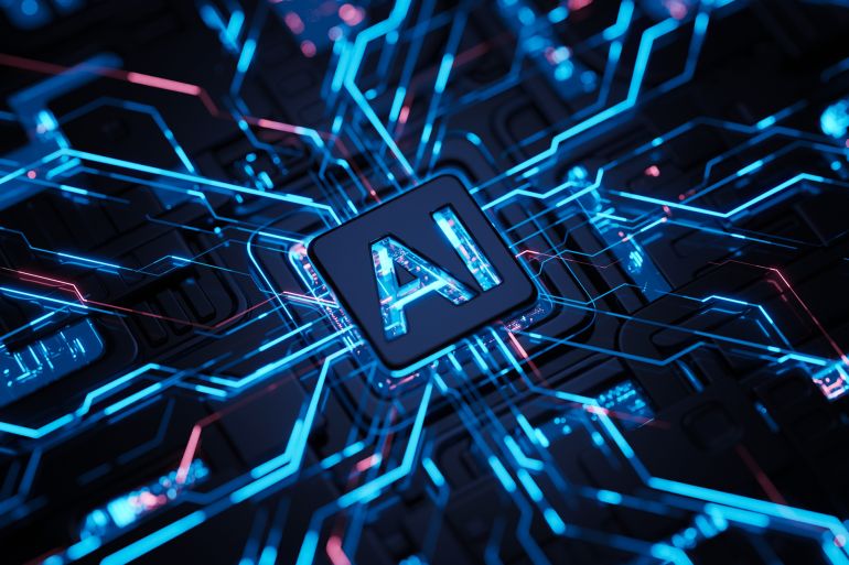 AI concept Artificial Intelligence technology circuit motherboard chip computer design machine deep learning data network analysis futuristic. 3d rendering.