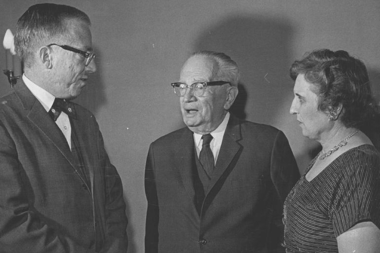 FEB 25 1963, FEB 26 1963; AAUN Signs 400th Member; Dr. Hans Kohn, center, confers before a Monday night meeting with officials of the Mile-Hi Chapter of the American Association for the United Nations, James S. Holme, left, 9556 E. Orchard Ave., chapter president, and Mrs. John Flore, 3171 W. 36th Ave., executive director. Dr. Kohn, recently appointed visiting professor of international relations at the University of Denver Social Science Foundation, addressed the meeting at International House. Highlight of the meeting was the signing of the 400th member for the Denver chapter of the group, M. E. Moosdorf of 967 Lafayette St.; (Photo By George Crouter/The Denver Post via Getty Images)