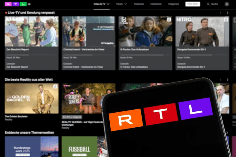 Stuttgart, Germany - February 8, 2025: RTL Plus logo tv station streaming media library website on a mobile phone and computer screen in Stuttgart, Germany.