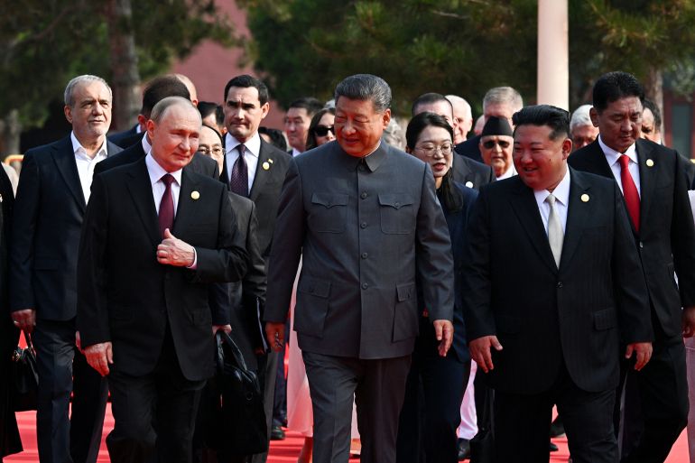 Russian President Vladimir Putin, Chinese President Xi Jinping, North Korean leader Kim Jong Un and heads of foreign delegations arrive for a military parade marking the 80th anniversary of the end of World War Two, in Beijing, China September 3, 2025. Sputnik/Sergey Bobylev/Pool via REUTERS ATTENTION EDITORS - THIS IMAGE WAS PROVIDED BY A THIRD PARTY