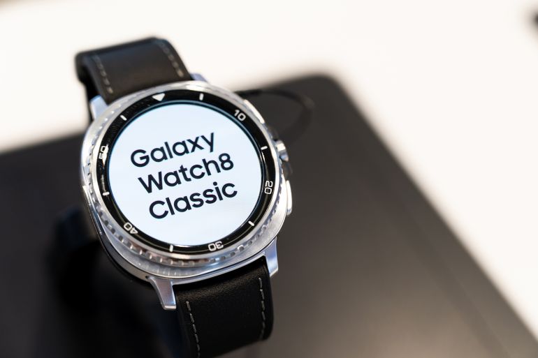 Bangkok Thailand JUL 10 2025: Samsung Galaxy Watch8 Classic on Display. modern wearable technology, smart devices, and health and fitness innovation.