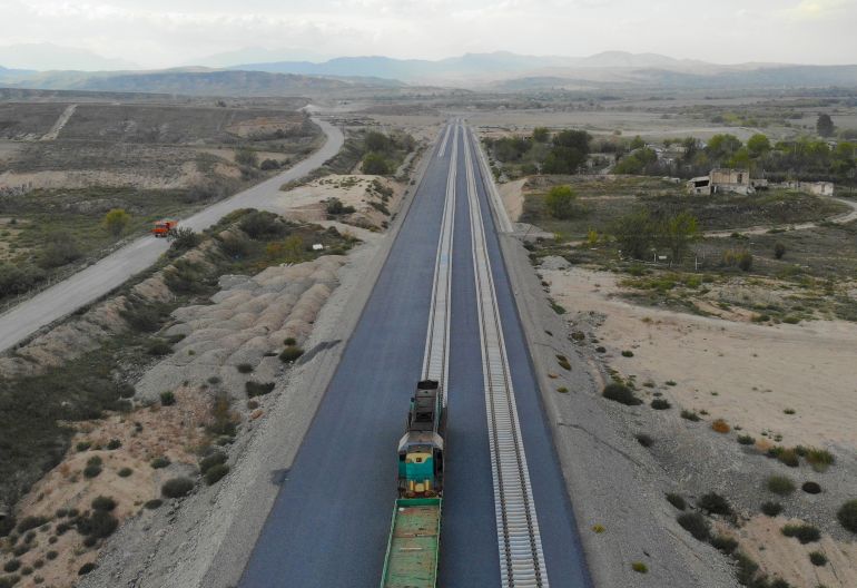 ZANGILAN, AZERBAIJAN - OCTOBER 09: An aerial view of construction of roads and railways continuing that they will pass through the Zangezur Corridor, which will connect the western provinces with Nakhchivan and will also be one of the routes of the Central Corridor extending from China to Central Asia, the Caspian Sea, the Caucasus and Turkiye, on October 09, 2023 in Zangilan, Azerbaijan. (Photo by Resul Rehimov/Anadolu via Getty Images)
