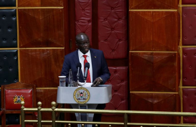 Kenya's Deputy President Rigathi Gachagua address legislators ahead of the lawmakers' vote over his impeachment motion at the Parliament buildings in Nairobi, Kenya October 8, 2024. REUTERS/Monicah Mwangi