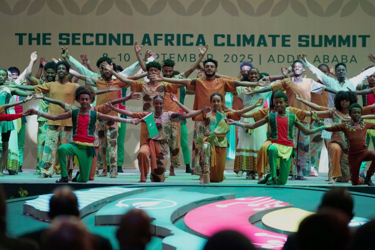 Dancers perform during the opening of the High-Level Leaders Summit at the Second Africa Climate Summit (ACS2) at the Addis International Convention Center (AICC) in Addis Ababa, Ethiopia, Monday, Sept. 8, 2025. (AP Photo/Brian Inganga)