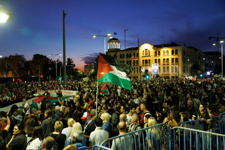 epa12358045 Supporters of the Palestine people join demonstrators to rally in a protest march on the occasion of the opening of the 89th Thessaloniki International Fair in Thessaloniki, Greece, 06 September 2025. More than 1,000 exhibitors will participate in the fair that is expanded in an area of 33,000 square metres. The 100th anniversary of its founding in 1925 gives this year's event a special importance with events that 'bridge' the past, the present and the future. The 89th Thessaloniki International Fair (TIF) will take place from 06 to 14 September. EPA/ACHILLEAS CHIRAS
