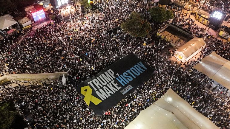 A drone photo of people protesting in Tel Aviv as they demand the return of all hostages and an end to the war in Gaza, at the "Hostages square" located in Tel Aviv, Israel August 30, 2025. REUTERS/Amir Goldstein