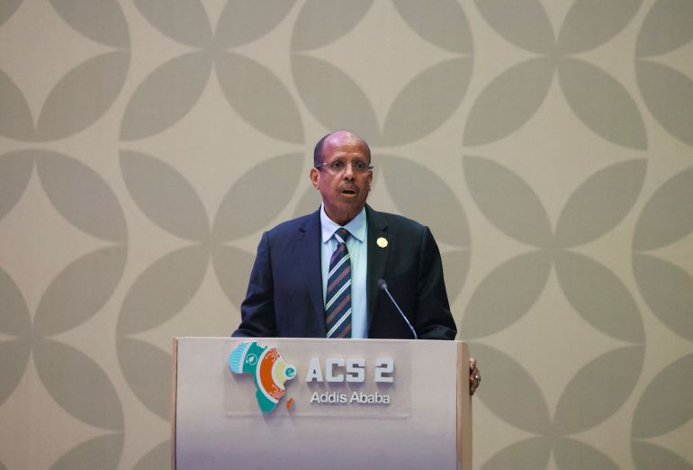 African Union Commission Chairperson, Mahmoud Ali Youssouf, speaks at the Second Africa Climate Summit (ACS2) in Addis Ababa, Ethiopia, September 8, 2025. REUTERS/Tiksa Negeri